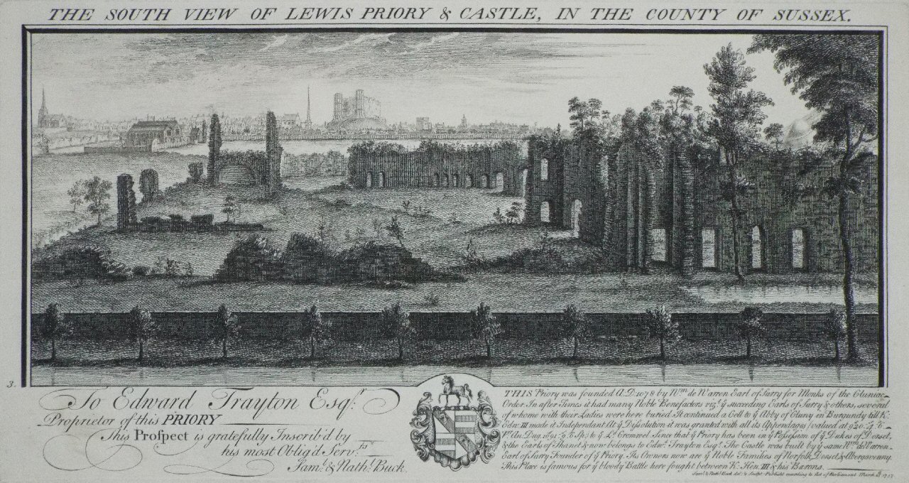 Print - The South View of Lewis Priory & Castle, in the County of Sussex. - Buck